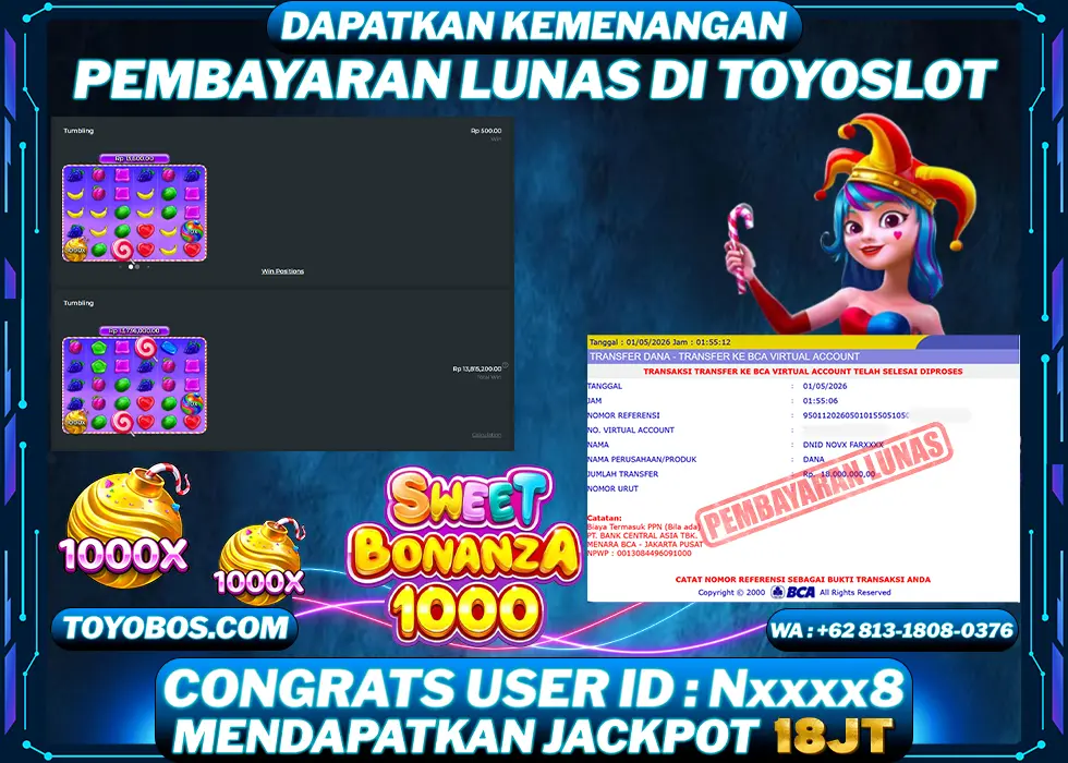 TOYOSLOT - BUKTI KEMENANGAN JACKPOT Sweet Bonanza 1000 Rp18,000,000,- LUNAS